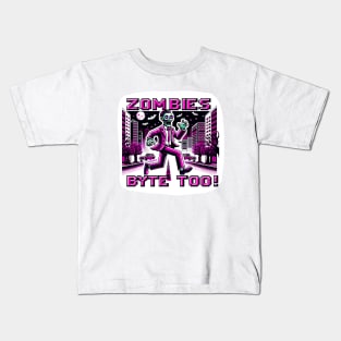 Neon Pink 8-Bit Zombie Chase in Cyberpunk City: Retro Gaming Art Kids T-Shirt